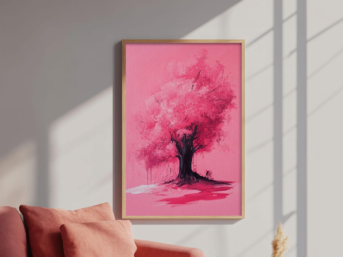 Bold Monochrome Pink Tree Silhouette Preppy Blossom Art Print - Image 2