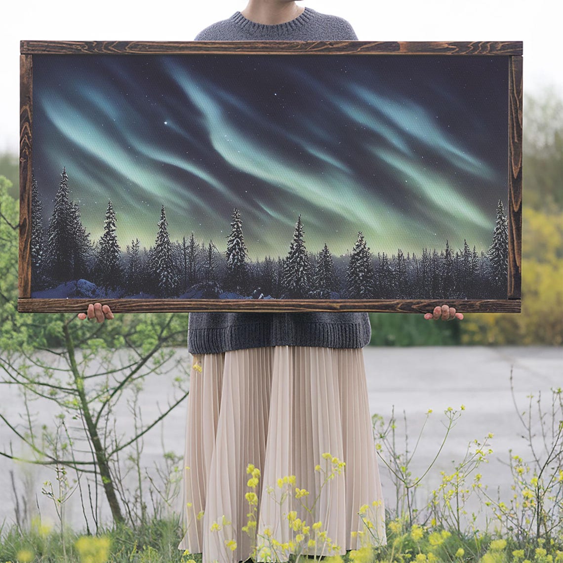 Aurora Borealis Northern Lights Snowy Pine Forest Night Sky Poster - Image 2