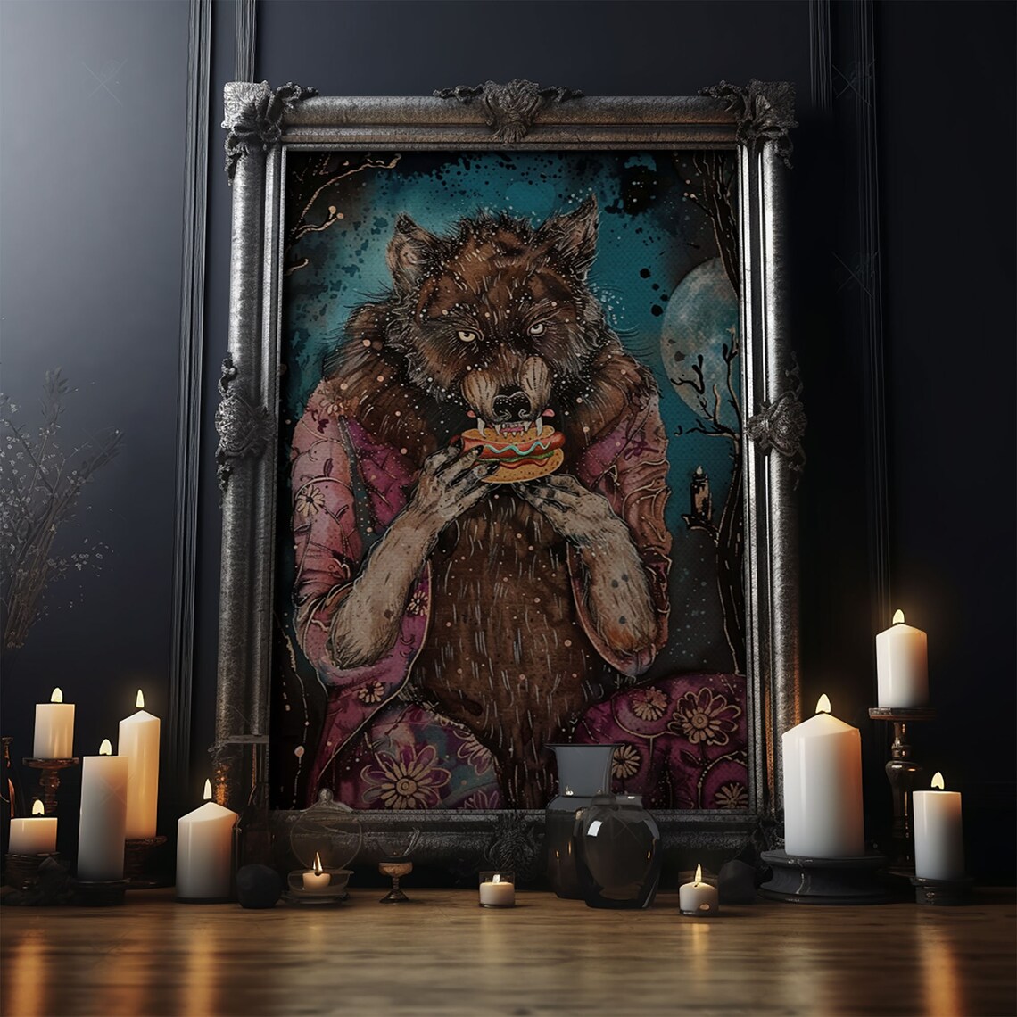 Werewolf Eating Hotdog Pink Dress Moonlit Funny Halloween Art Poster - Image 4