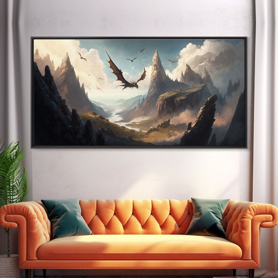 Dragons In Flight Over A Valley, Medieval Fantasy Art Print