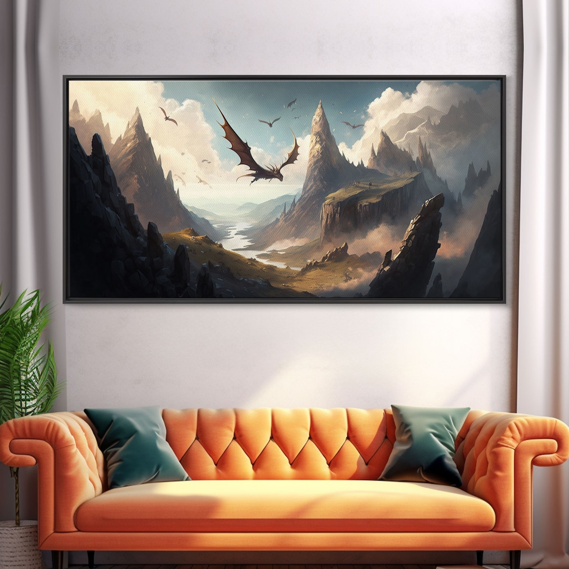 Dragons In Flight Over A Valley, Medieval Fantasy Art Print
