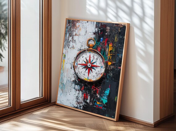 Vintage Brass Compass Abstract Painted Background Nautical Travel Wall Art