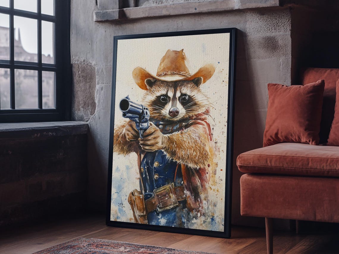 Rootin Tootin Racoon Cowboy Framed Print Ready To Hang Racoon Painting