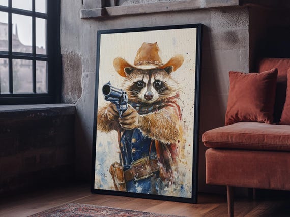 Rootin Tootin Racoon Cowboy Framed Print Ready To Hang Racoon Painting
