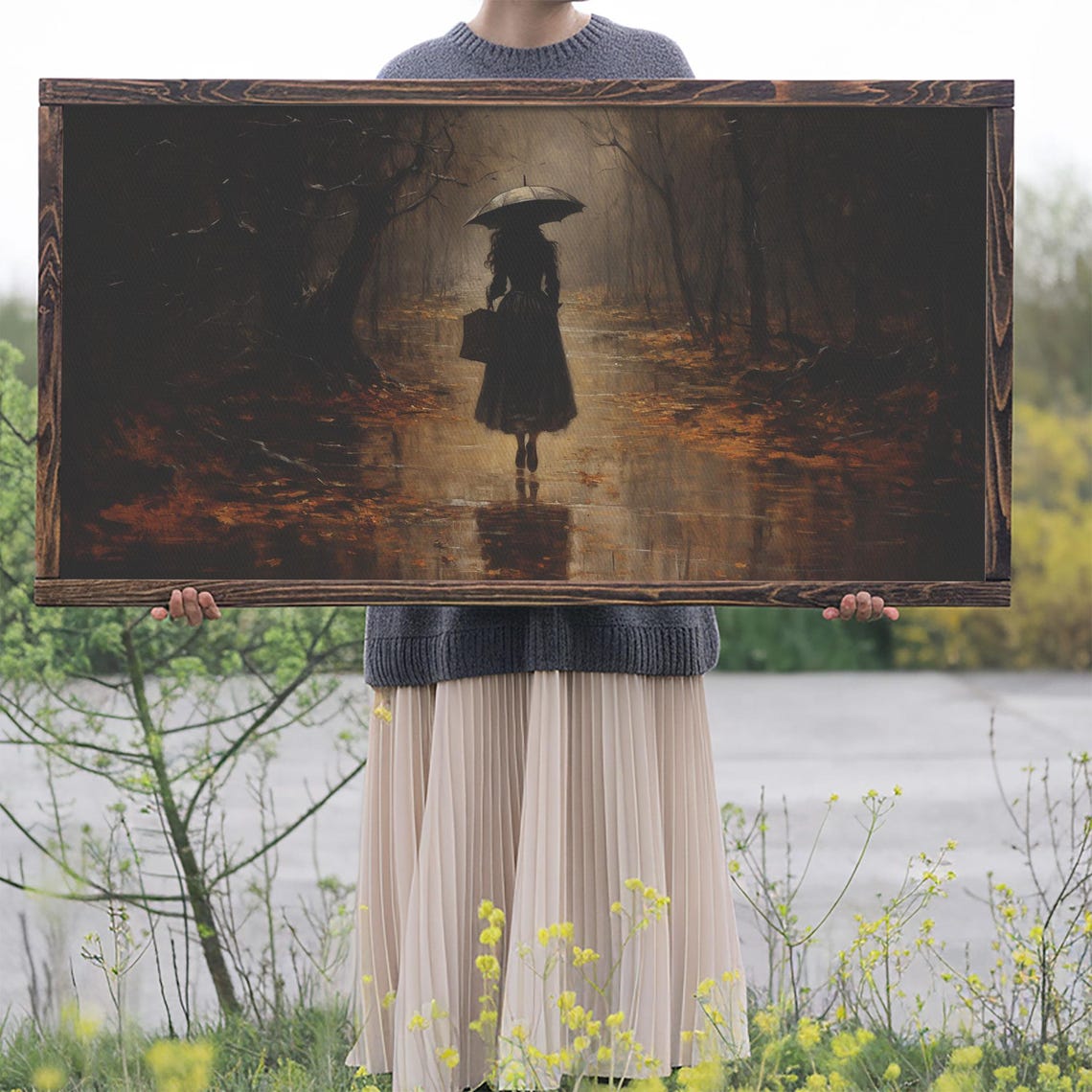 Witch Walking in Rain Autumn Forest Umbrella Dark Oil Painting Poster - Image 2