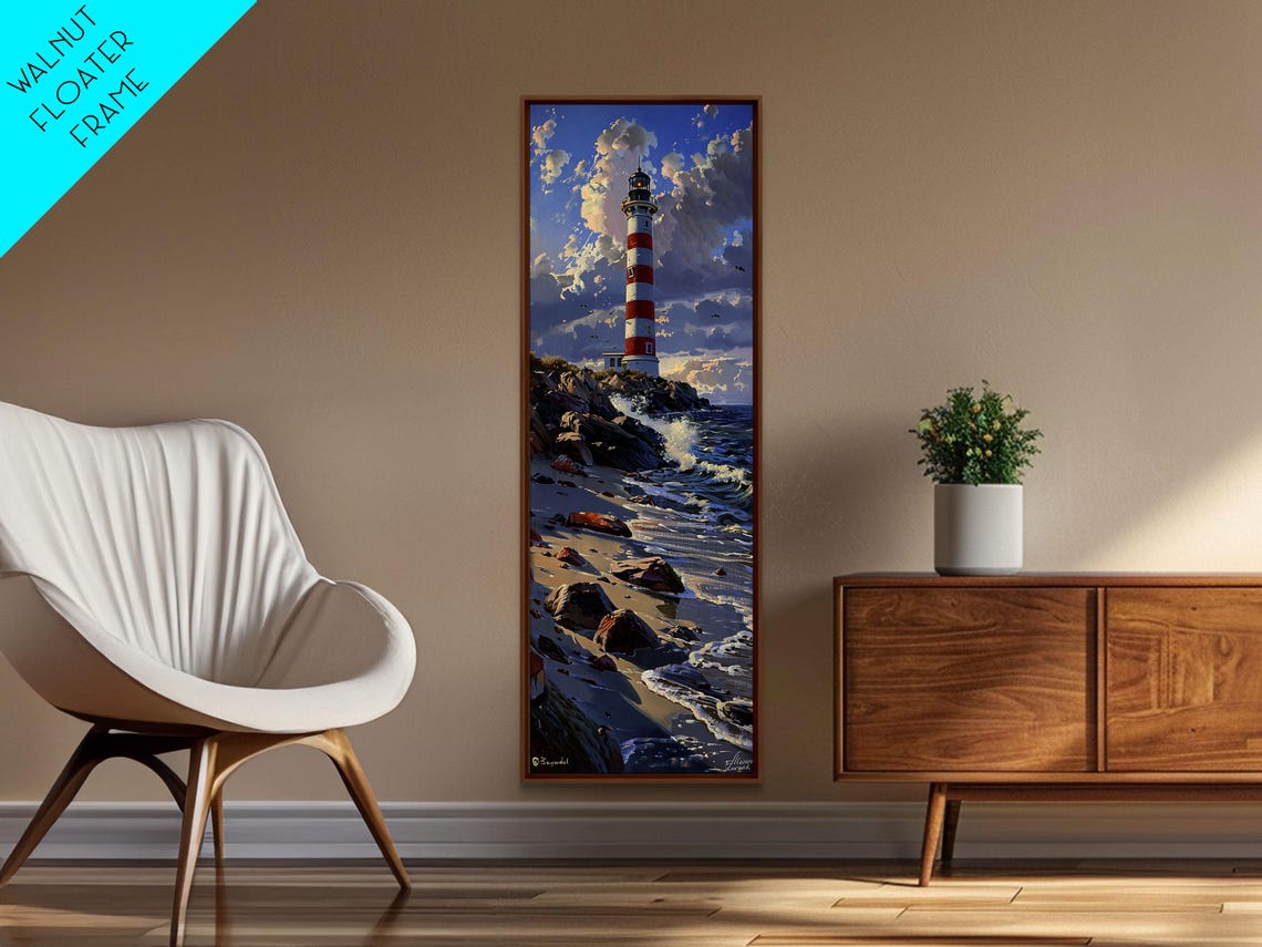 Red White Striped Lighthouse Rocky Shore Waves Blue Sky Poster - Image 6