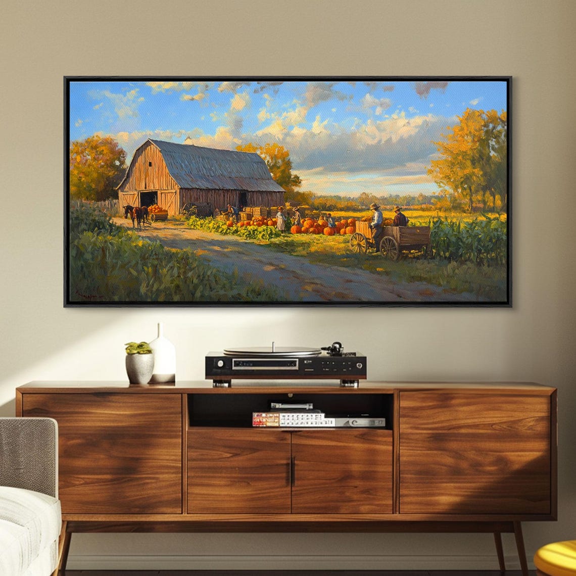 Autumn Barn Pumpkin Harvest Scene Horse Wagon Golden Fields Fall Print - Image 2