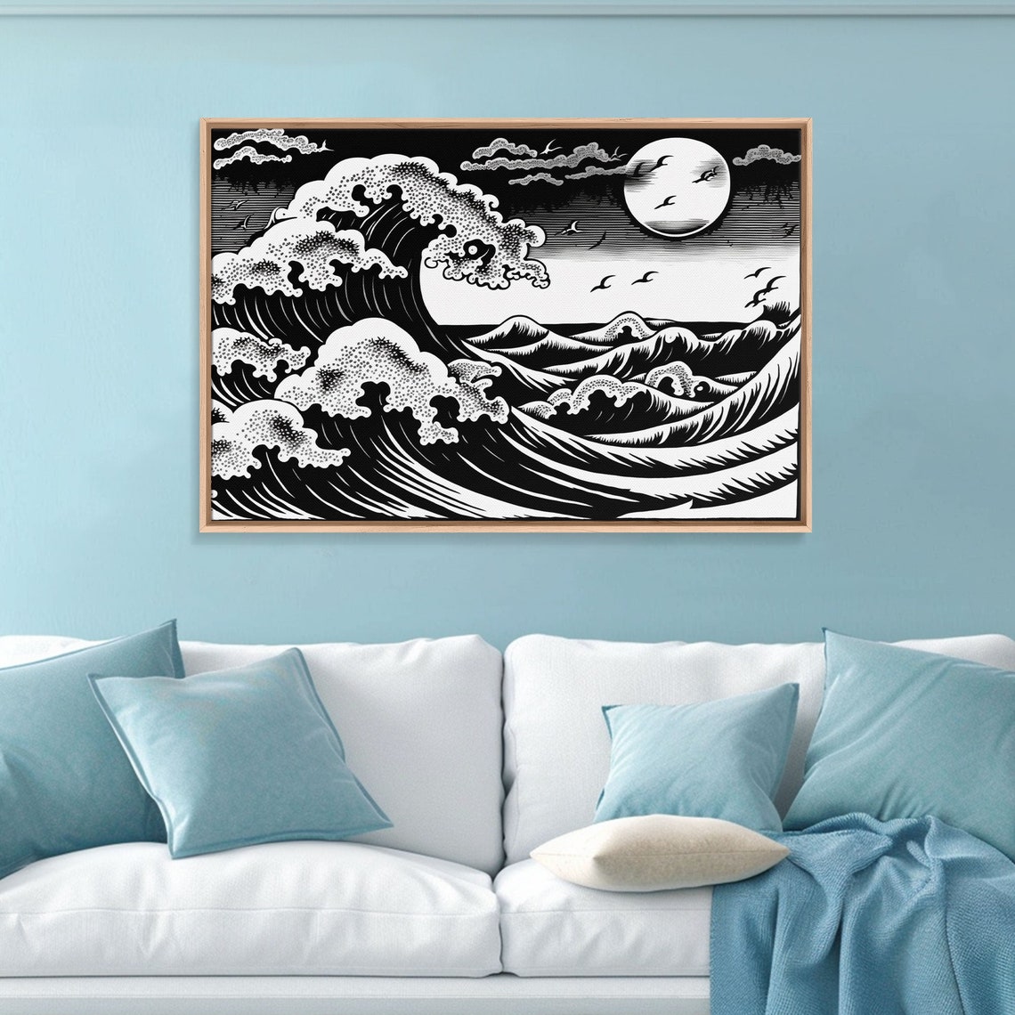 Great Wave Moonlit Ocean Black White Japanese Woodblock Style Poster - Image 6