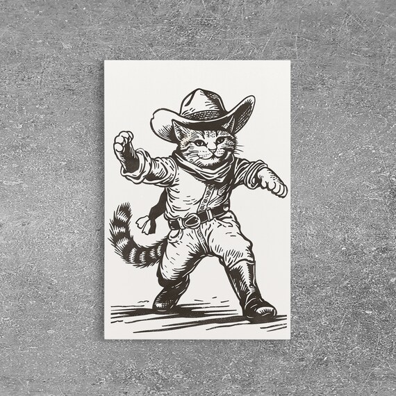 Cowboy Cat Fighter Stance Vintage Sketch Western Kitty Wall Poster
