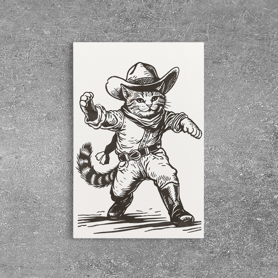 Cowboy Cat Fighter Stance Vintage Sketch Western Kitty Wall Poster