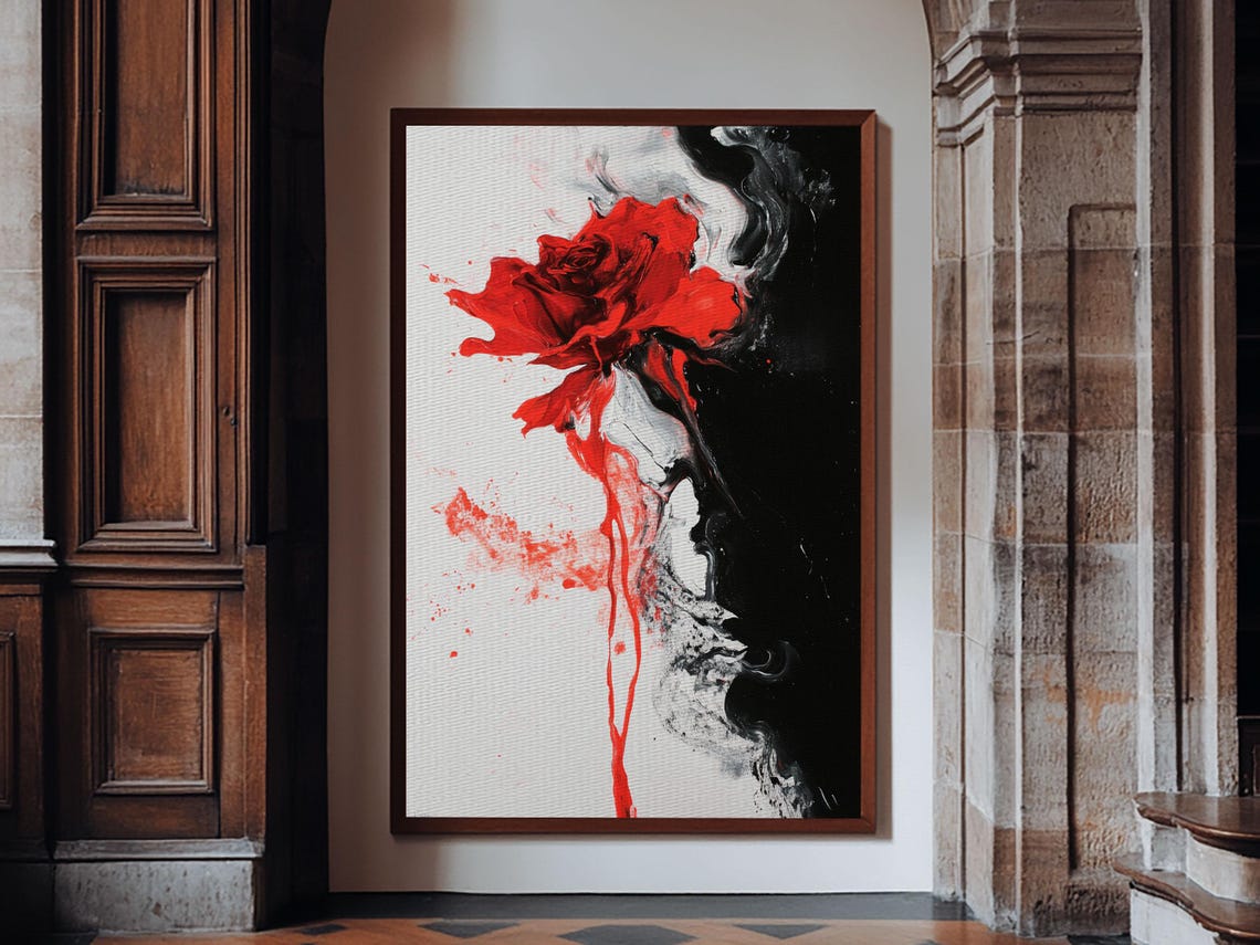 Dramatic Melting Red Rose Duality Abstract Black White Art Print - Image 6