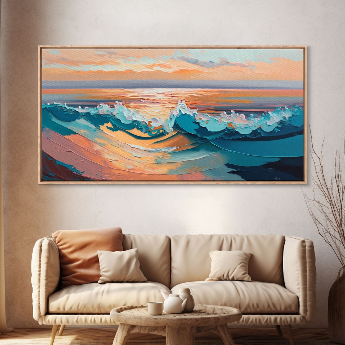 Textured Ocean Waves Sunset Impasto Turquoise Pink Seascape Poster - Image 4
