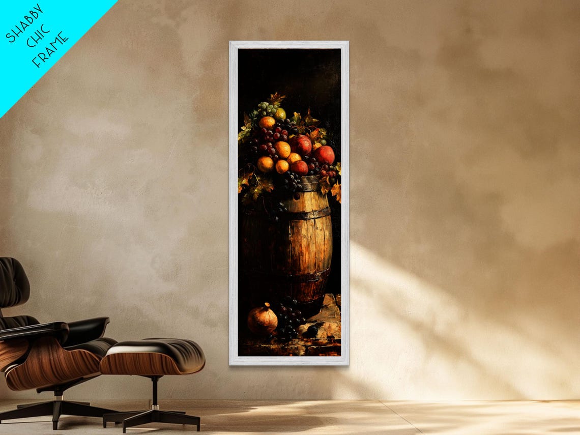 Rustic Wine Barrel Overflowing Fruit Dark Still Life Painting Poster - Image 5