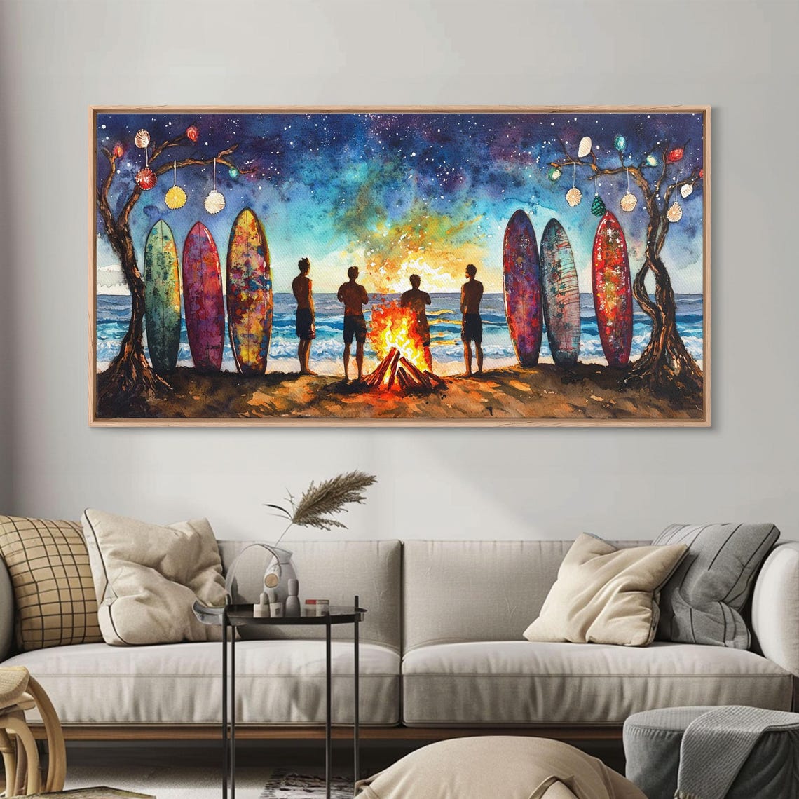 Beach Bonfire Christmas Night Surfboards Starry Sky Art Print - Image 5