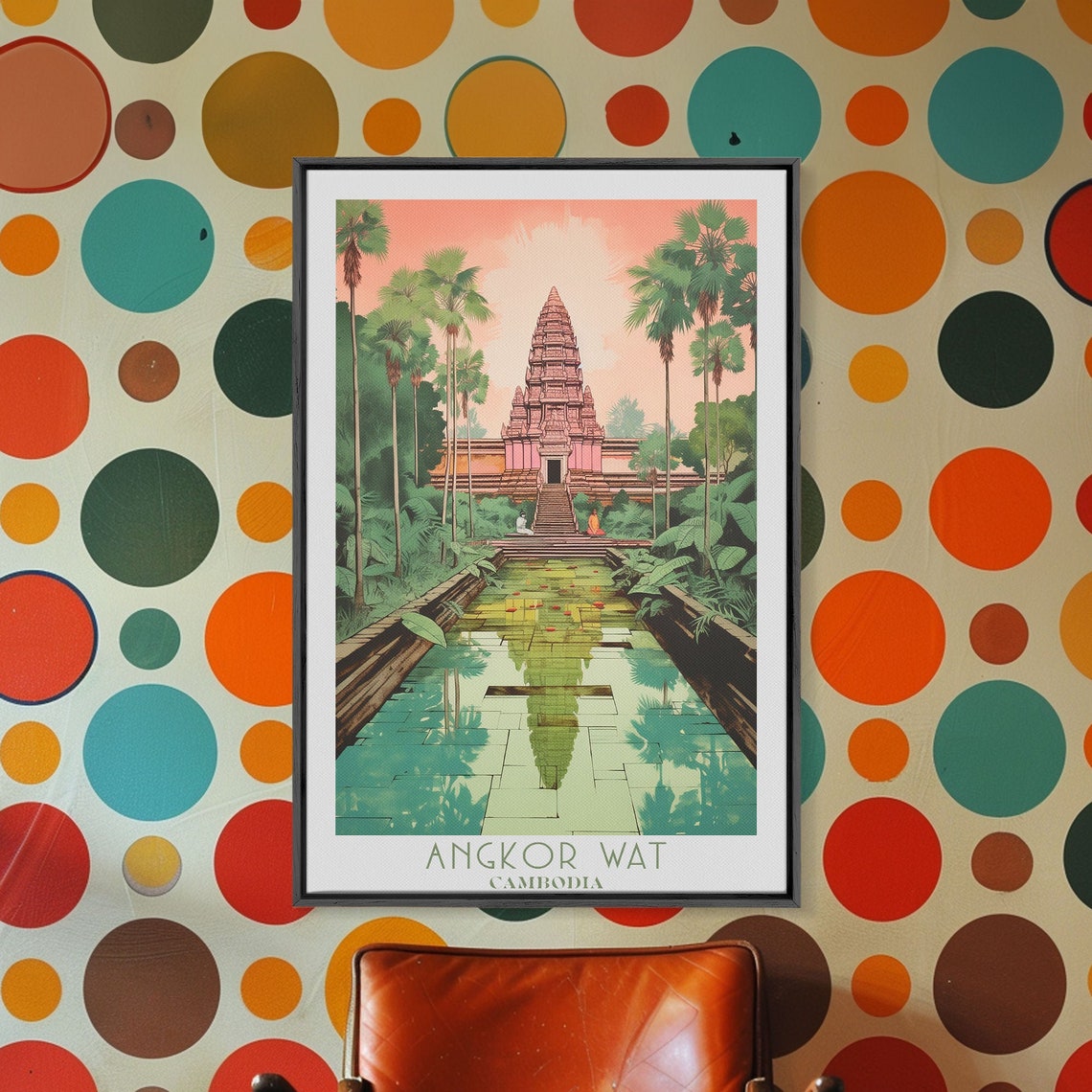 Angkor Wat Cambodia Temple Reflection Moat Sunset Palms Travel Poster - Image 3
