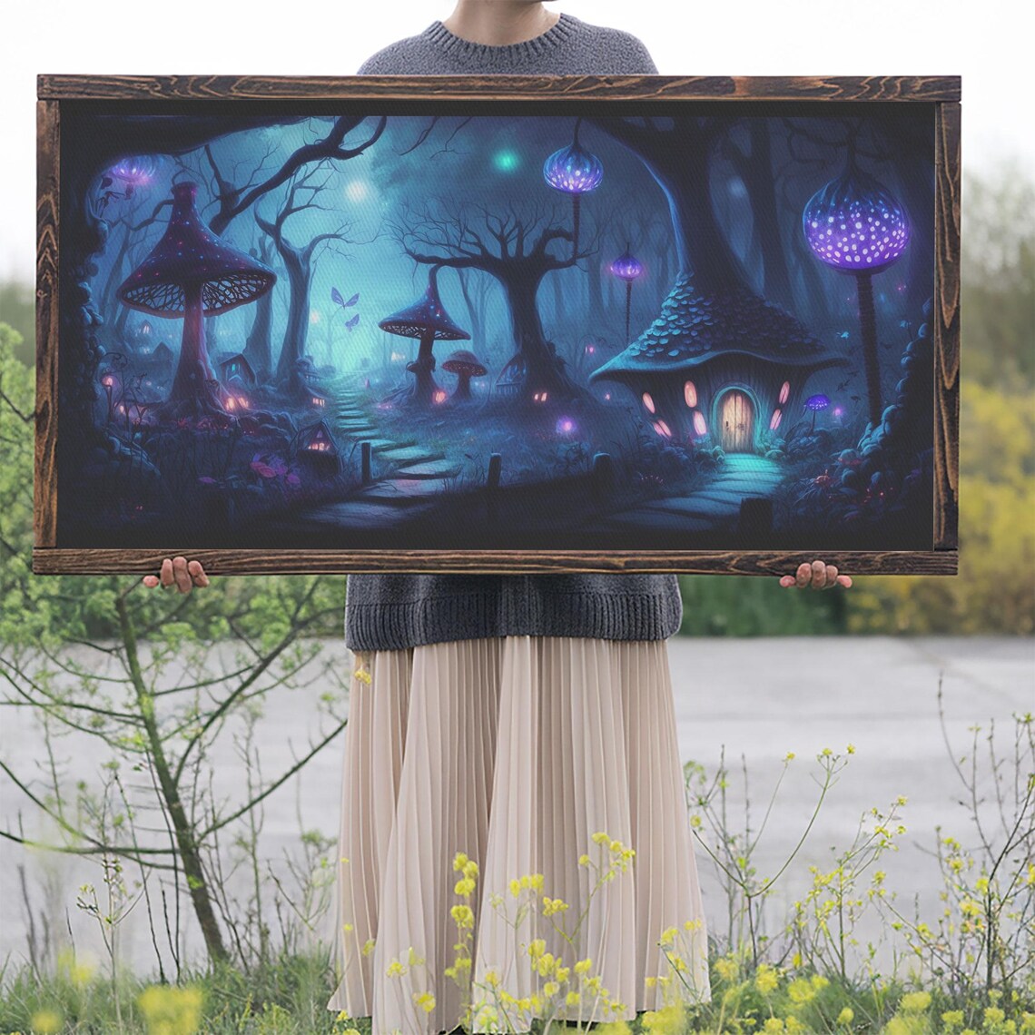 Magical Glowing Mushroom Forest Night Fairy House Fireflies Poster - Image 2