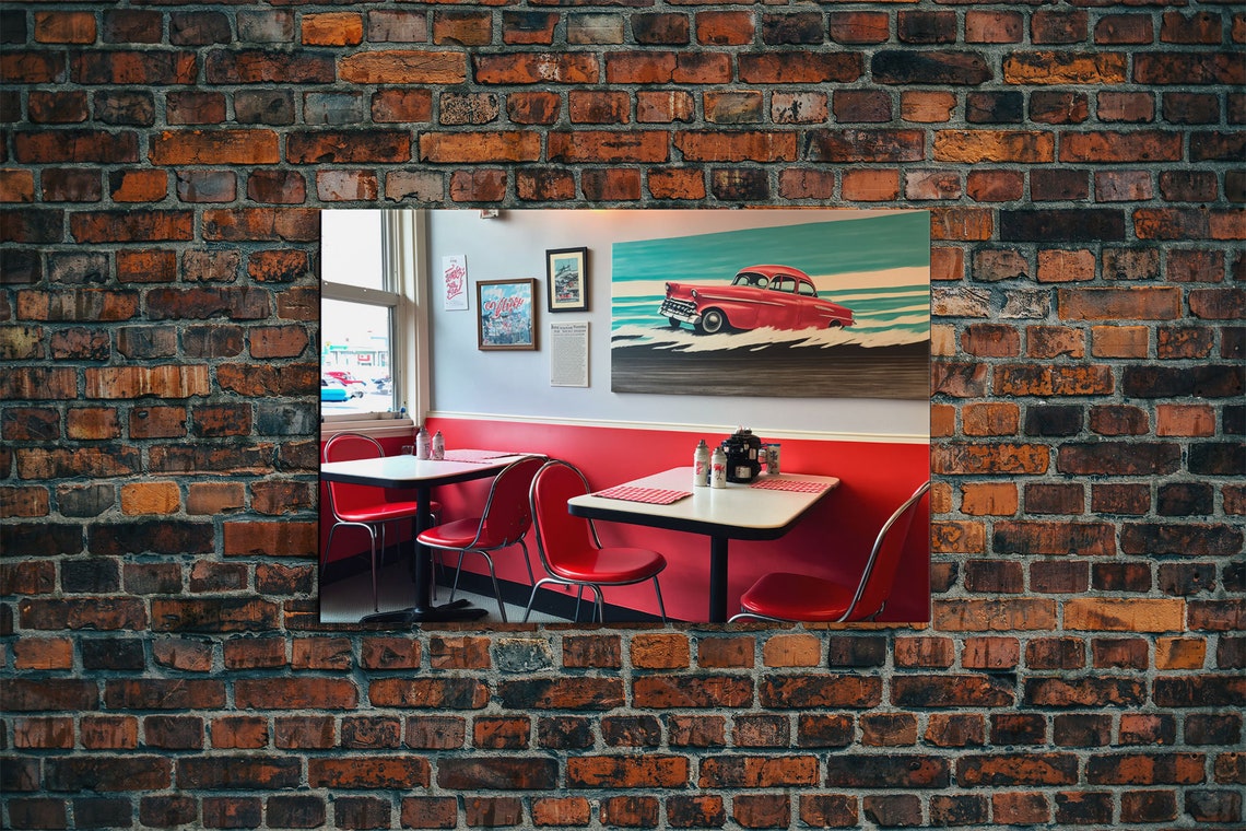 Retro American Diner Interior Red Booths Vintage Car Art Wall Poster