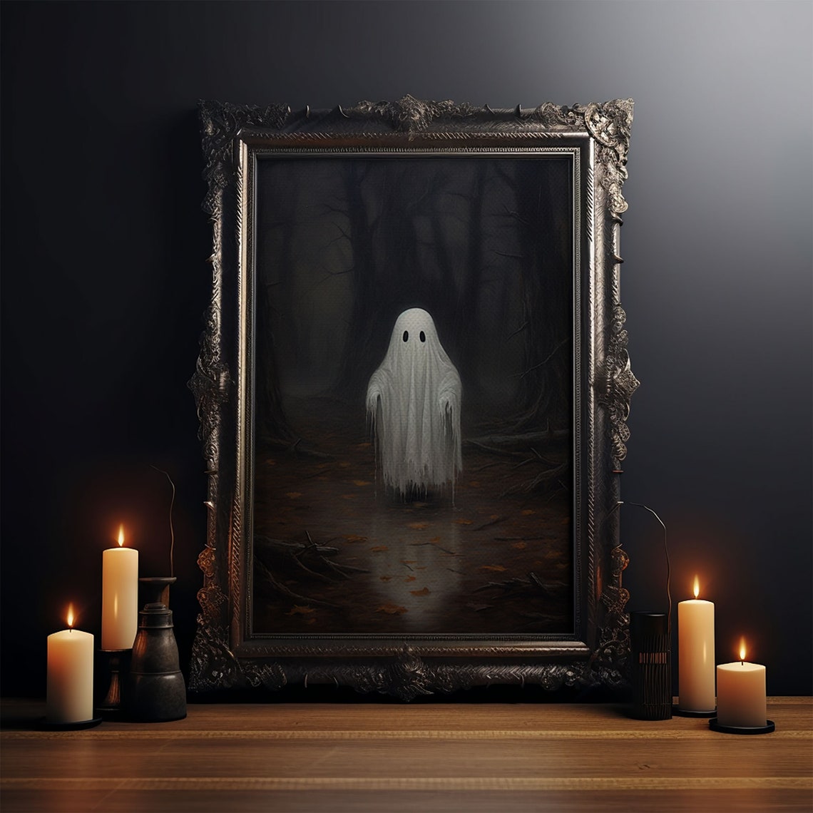 Cute Little Ghost Glowing In Dark Forest Funny Halloween Art Poster - Image 3