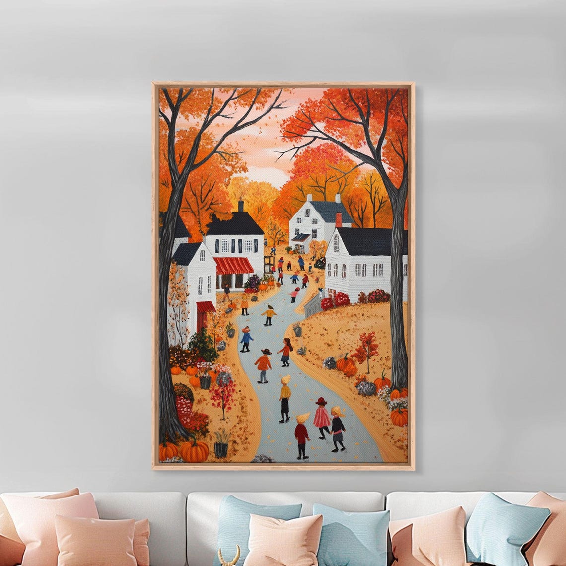 Autumn Village Folk Art With Children Pumpkins And Fall Foliage Poster - Image 3