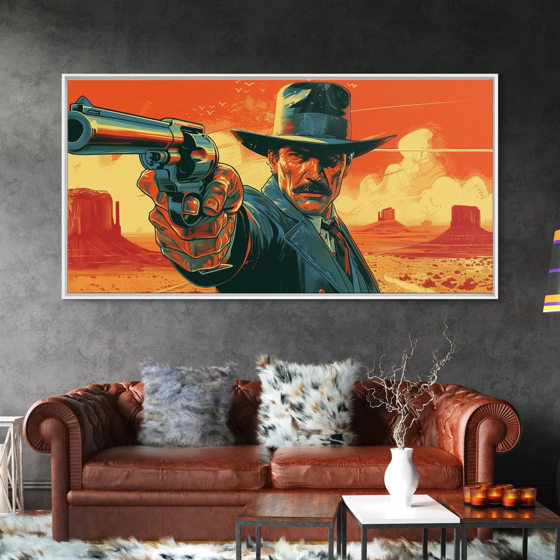 Retro Western Gunslinger Comic Pop Art Revolver Desert Sunset Poster