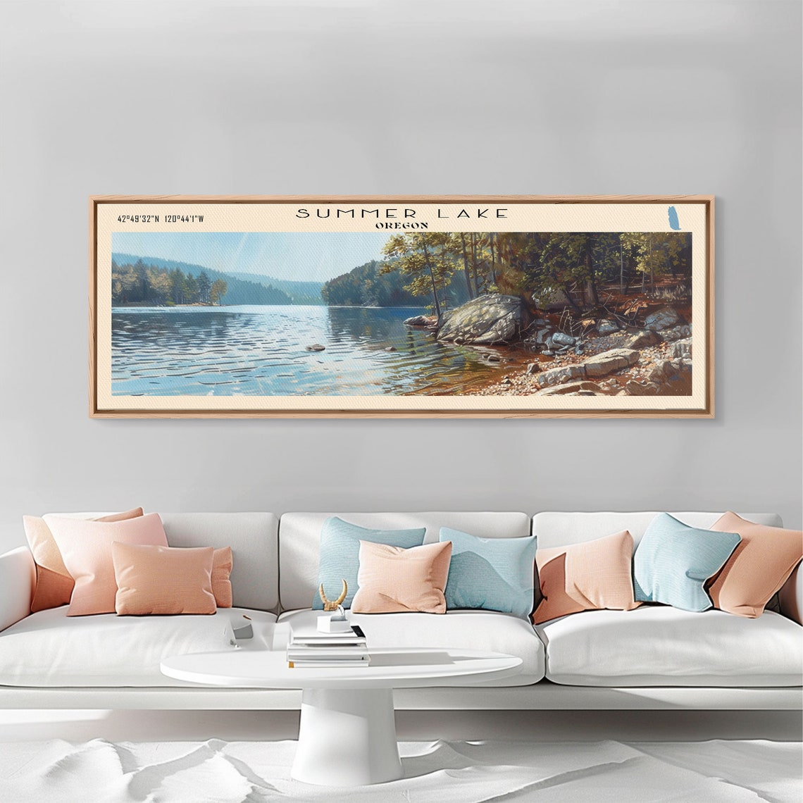 Summer Lake Oregon Sunny Rocky Shoreline Pine Forest Travel Poster