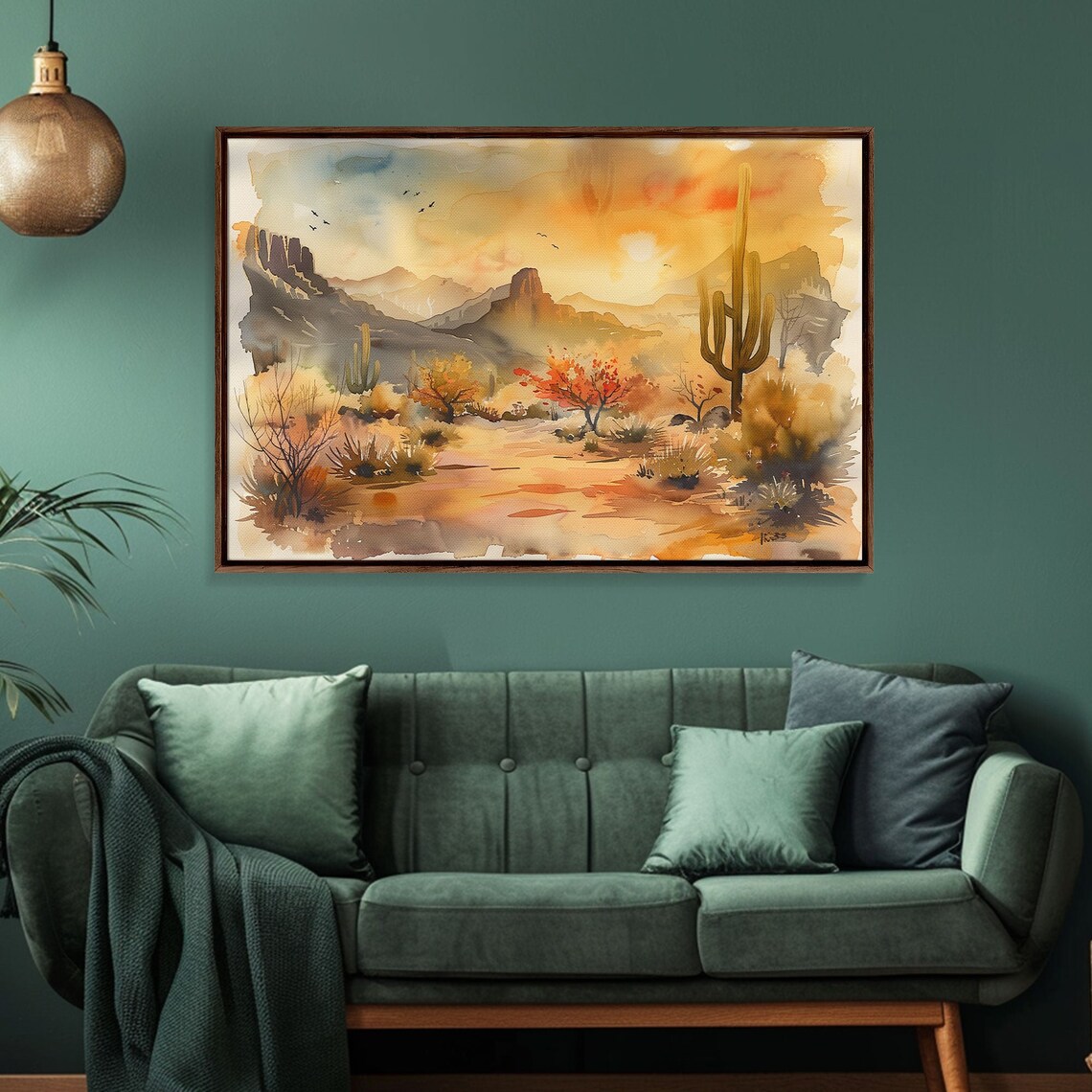 Desert Sunset Watercolor Saguaro Cactus Mesas Birds Southwest Wall Art - Image 4