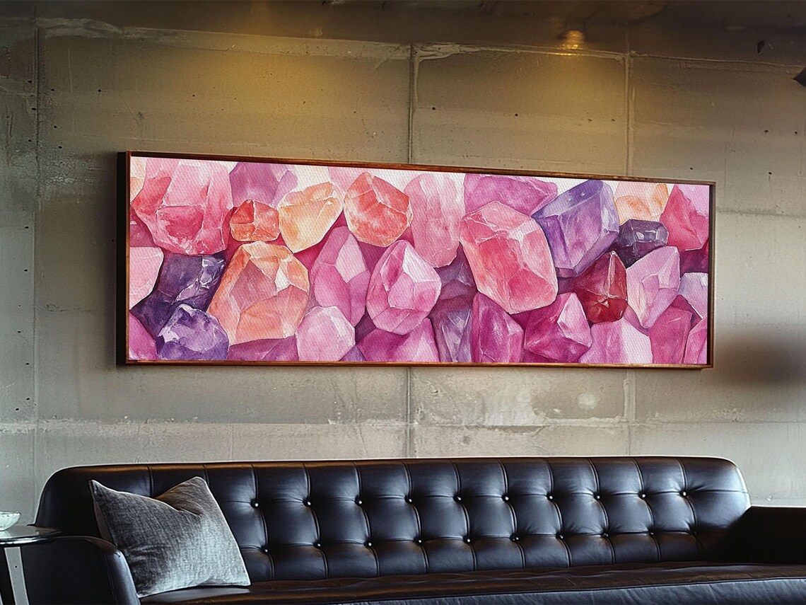 Pink Crystal Gemstones Watercolor Painting Wide Panoramic Canvas Art Poster - Image 2