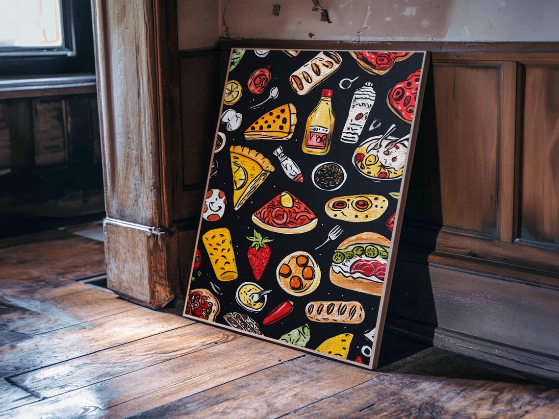 Fun Food Doodle Pattern Pizza Burger Tacos Black Kitchen Poster - Image 4