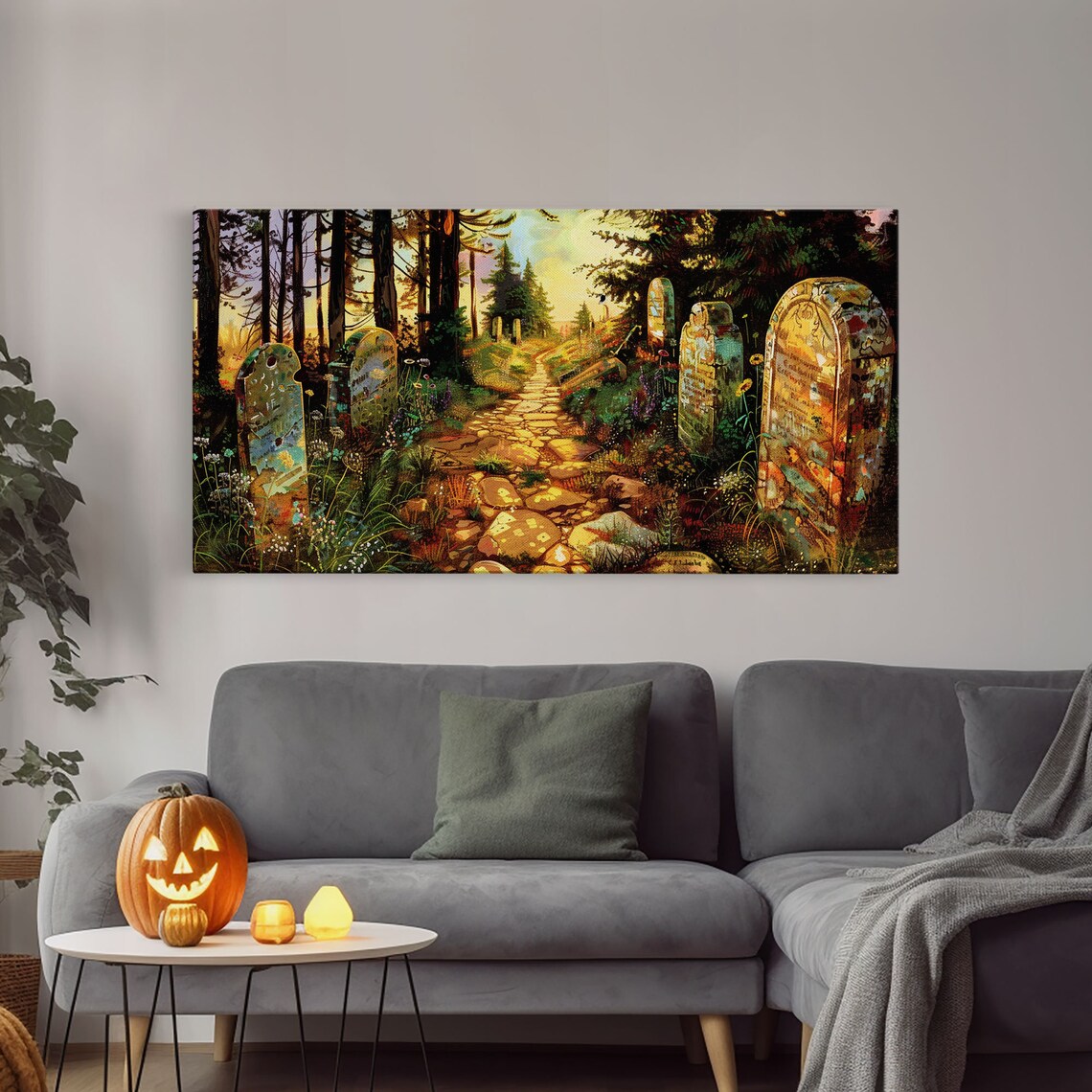 Haunted Cemetery Springtime Stone Path Flowering Trees Colorful Halloween Print - Image 4