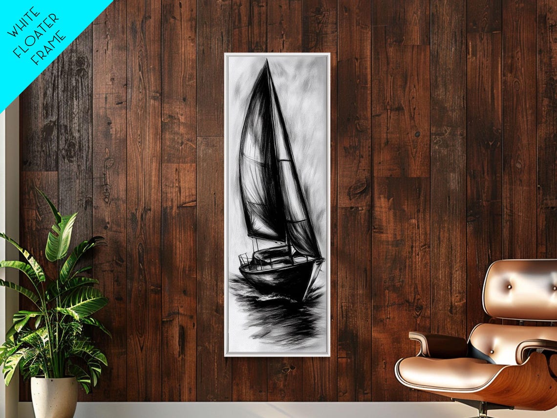 Charcoal Sketch Sailboat Under Full Sails Nautical Wall Art Poster - Image 2
