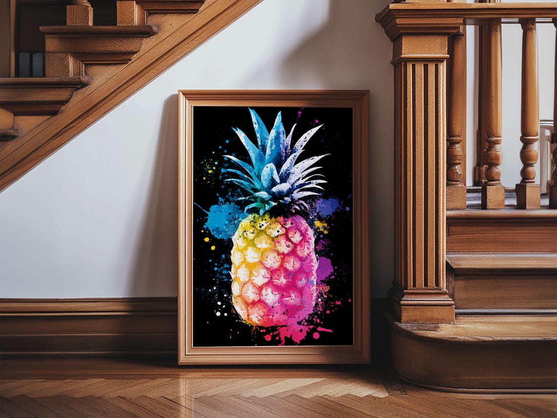 Neon Pineapple Watercolor Black Background Pop Art Kitchen Poster - Image 3