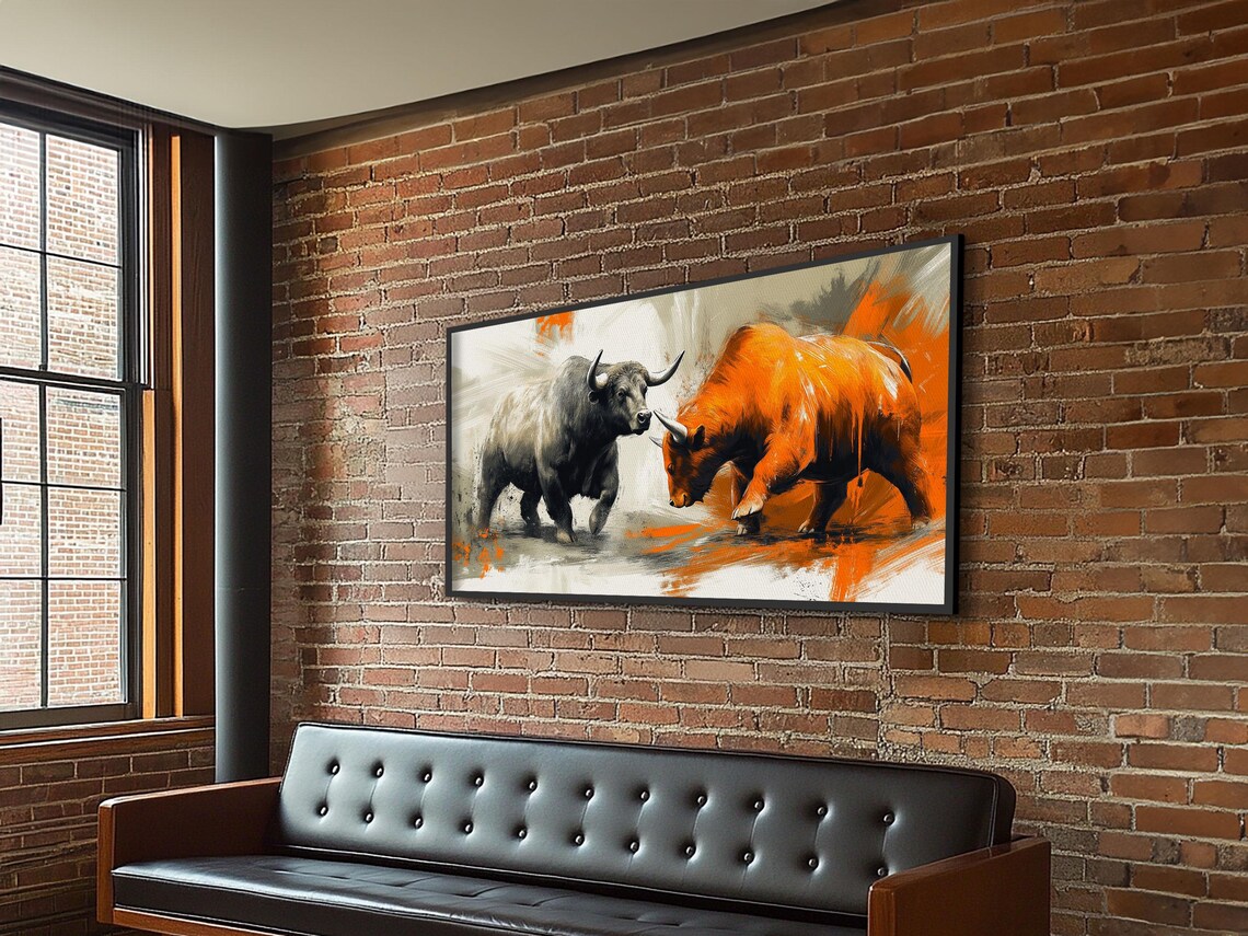 Bull And Bear Financial Market Art Rustic Orange Black Wall Decor Print - Image 6