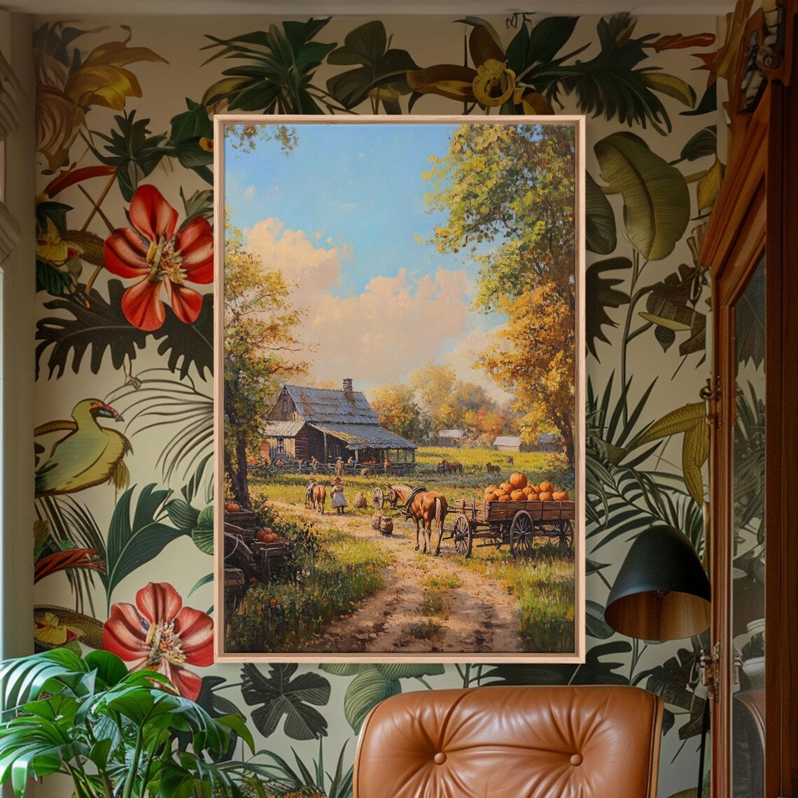 Autumn Farm Harvest Scene With Horse Wagon Pumpkins And Rustic Barn Poster - Image 3
