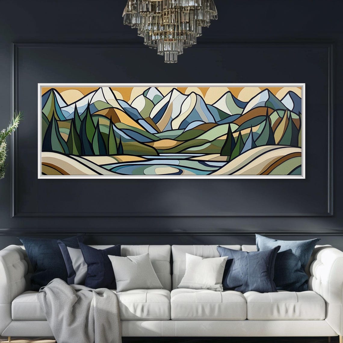 Stained Glass Style Mountain Lake Landscape Geometric Art Poster - Image 2