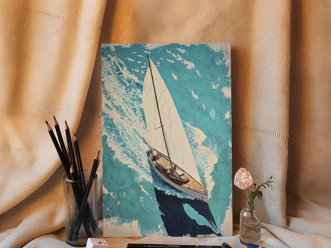 Sailboat Aerial View Turquoise Ocean Watercolor Nautical Art Print