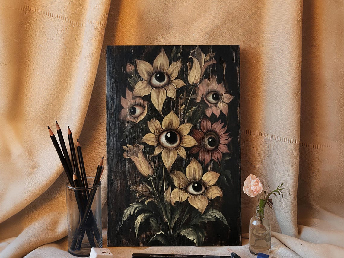 Surreal Flowers With Eyes Dark Gothic Botanical Painting Print - Image 5