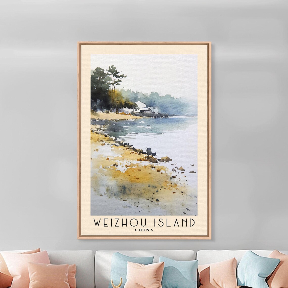 Weizhou Island China Sandy Shore Fishing Village Watercolor Poster - Image 2