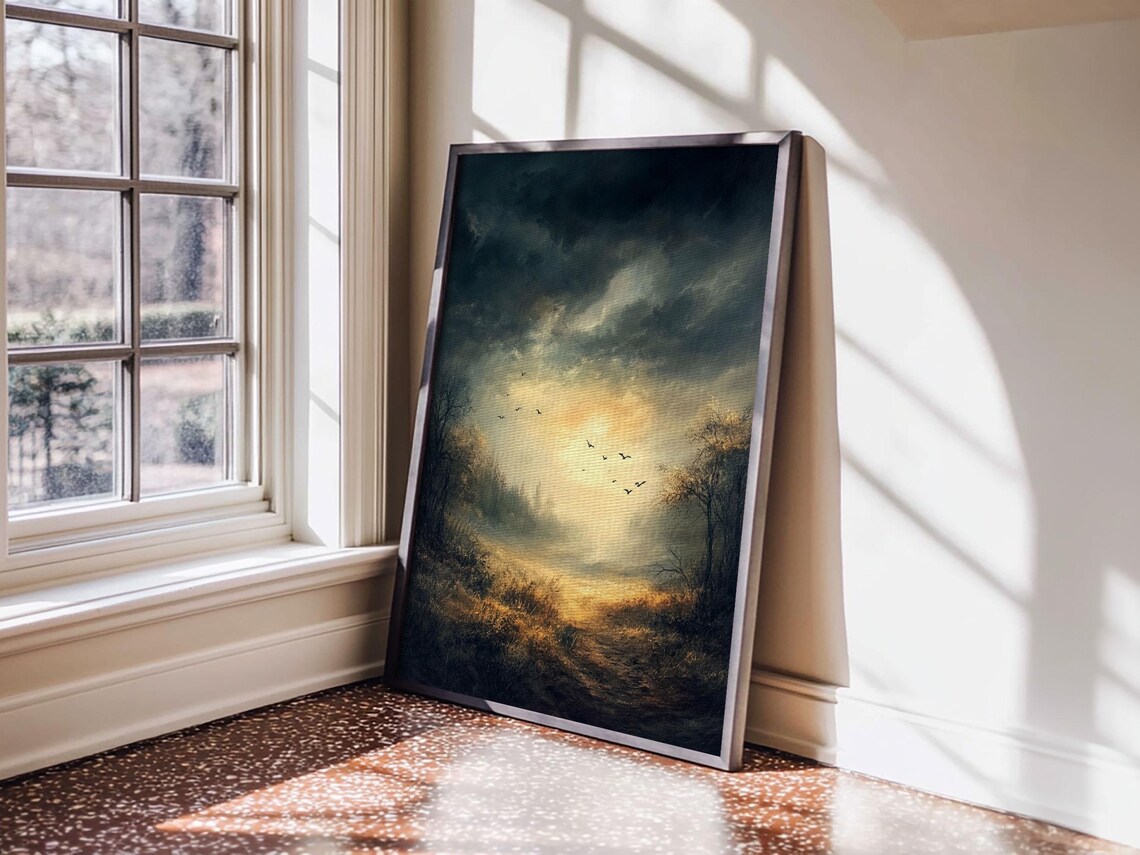 Misty Sunrise Meadow Birds Flying Dark Romantic Landscape Art Poster - Image 4