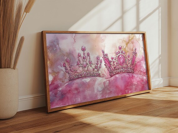 Royal Crown Print Pink Jewel Artwork Glamorous Feminine Style Bedroom Wall Decor Princess Themed Whimsical Art Gift Idea
