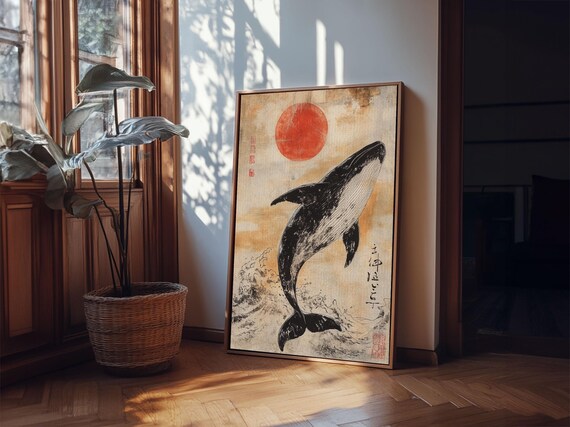 Wabi Sabi Whale Painting Print Print Ready To Hang Wall Art Whale Painting Nautical Decor Japanese Style Decor Wall Art