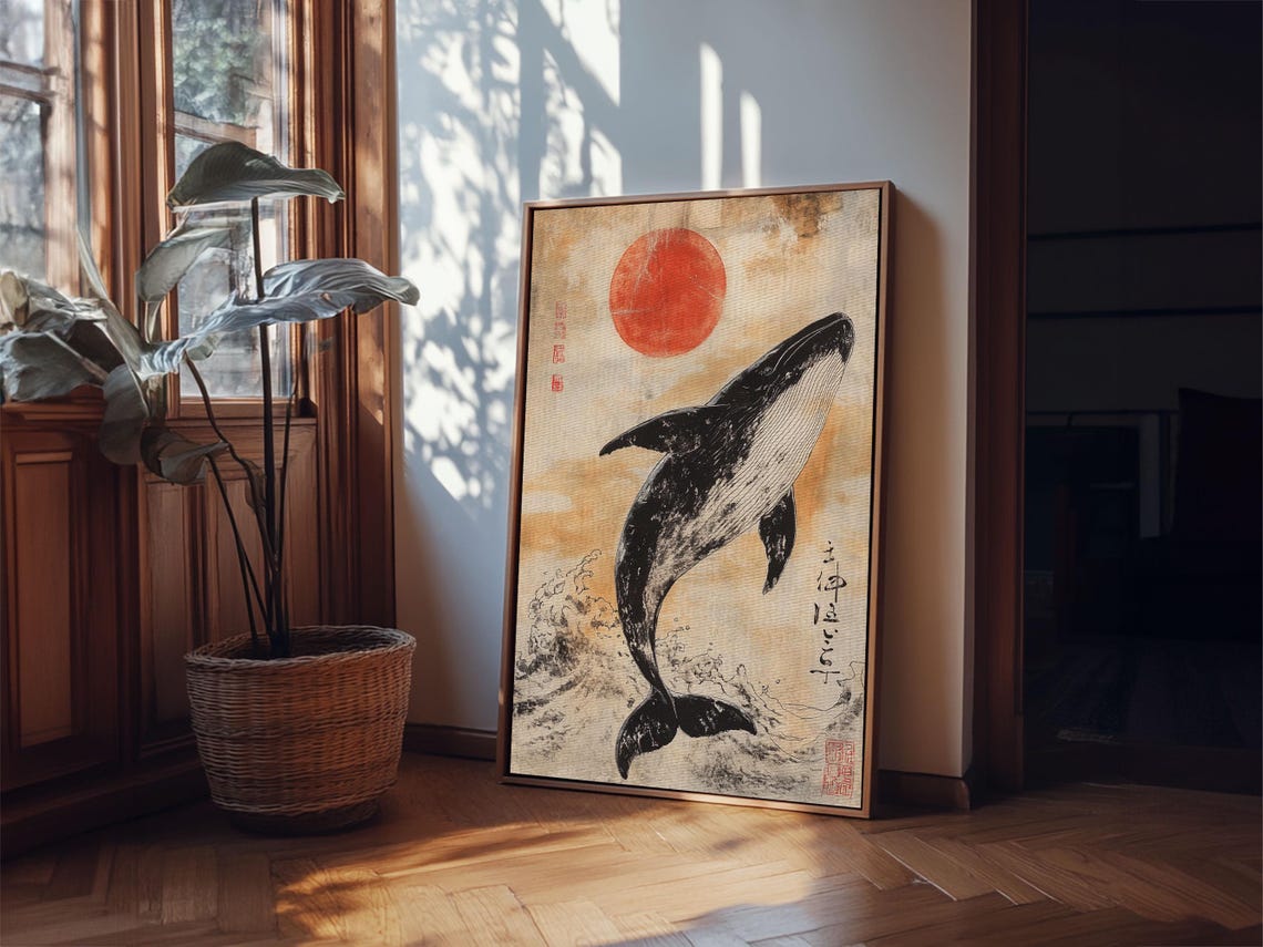 Japanese Ink Whale Under Red Sun Ocean Vintage Style Wall Poster