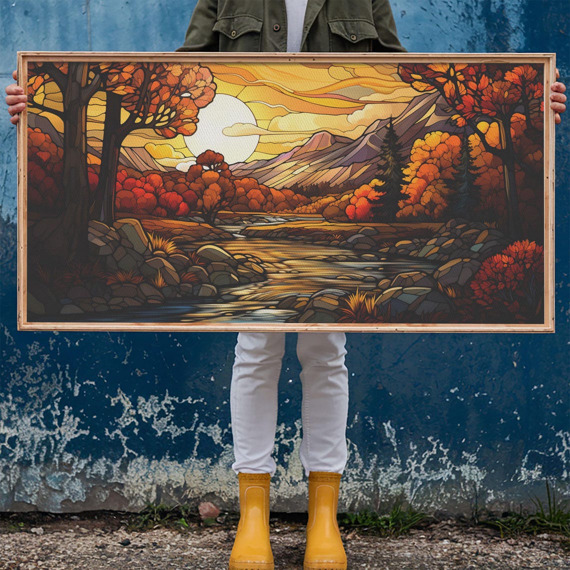 Autumn Fall Stained Glass River Valley Sunset Scenic Art Poster - Image 6