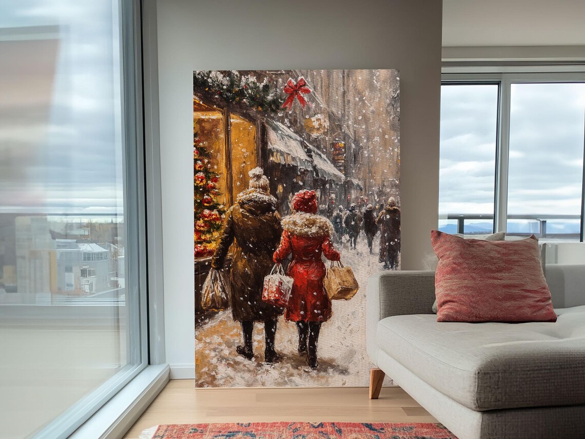 Snowy Christmas Shopping Street Vintage Holiday Scene Wall Art - Image 3