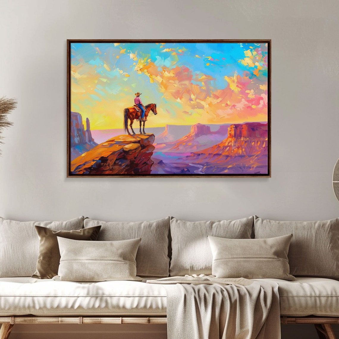 Cowboy On Horseback Canyon Cliff Sunset Western Landscape Poster