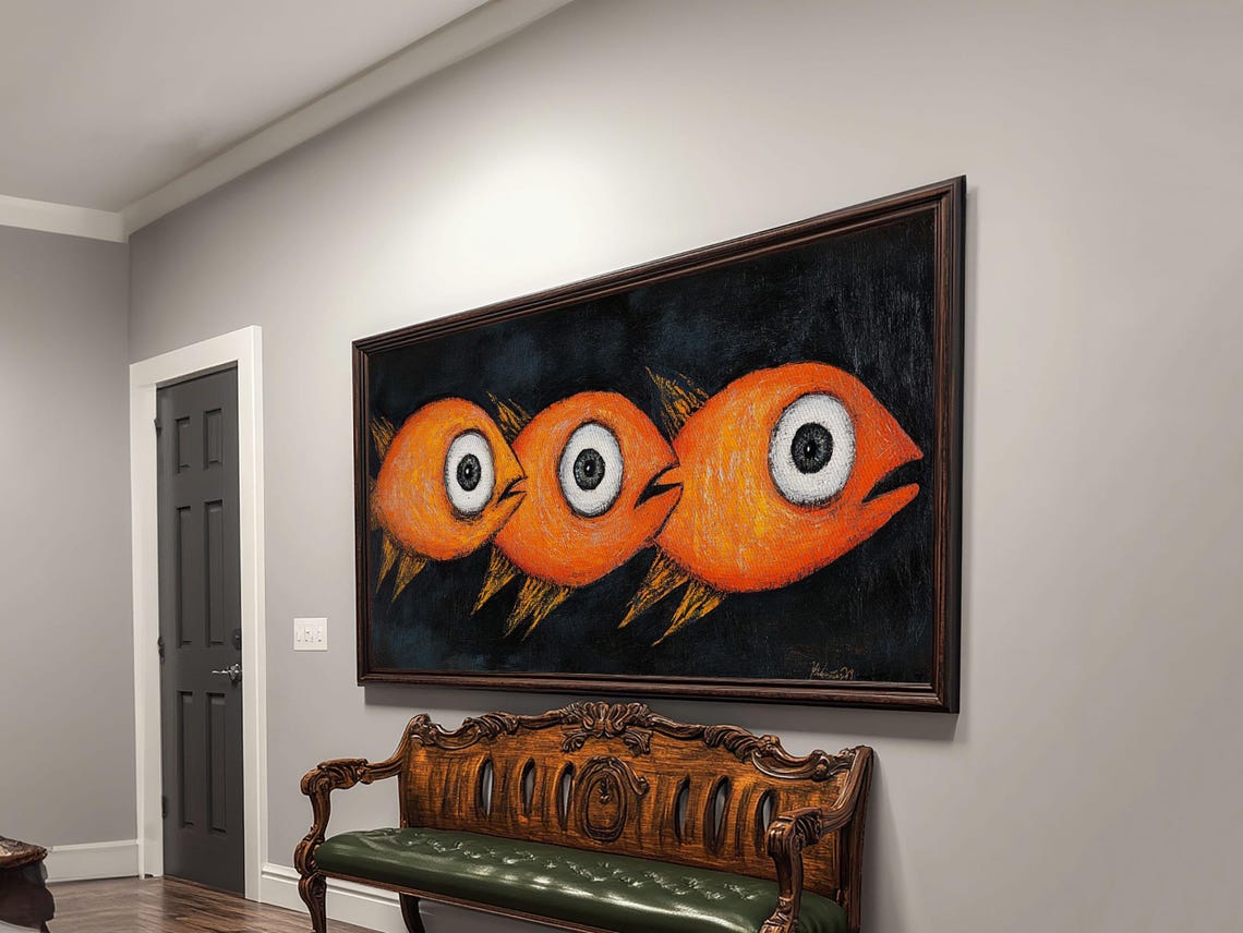 Whimsical Three Orange Goldfish Big Eyed Folk Art Painting Wall Poster - Image 2