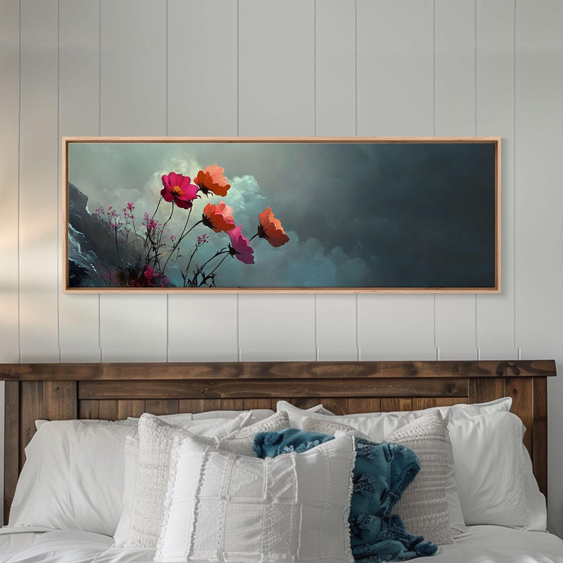 Moody Wildflower Meadow Under Dark Stormy Sky Clouds Panoramic Poster - Image 2