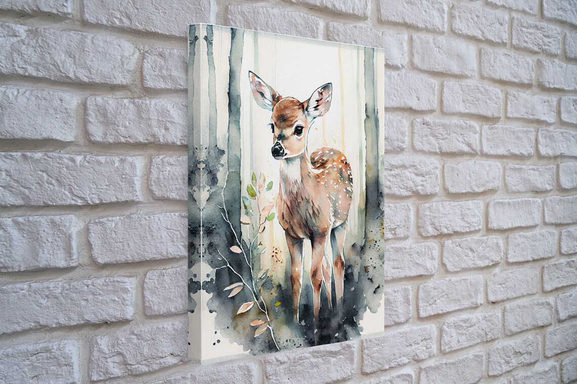 Deer Fawn Watercolor Portrait Misty Forest Birch Trees Animal Print Poster - Image 4