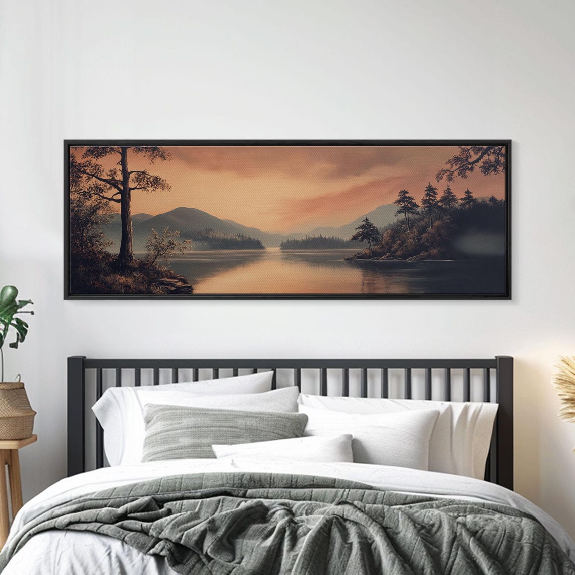 Moody Misty Lake Sunset Silhouetted Pines Dark Landscape Poster - Image 3