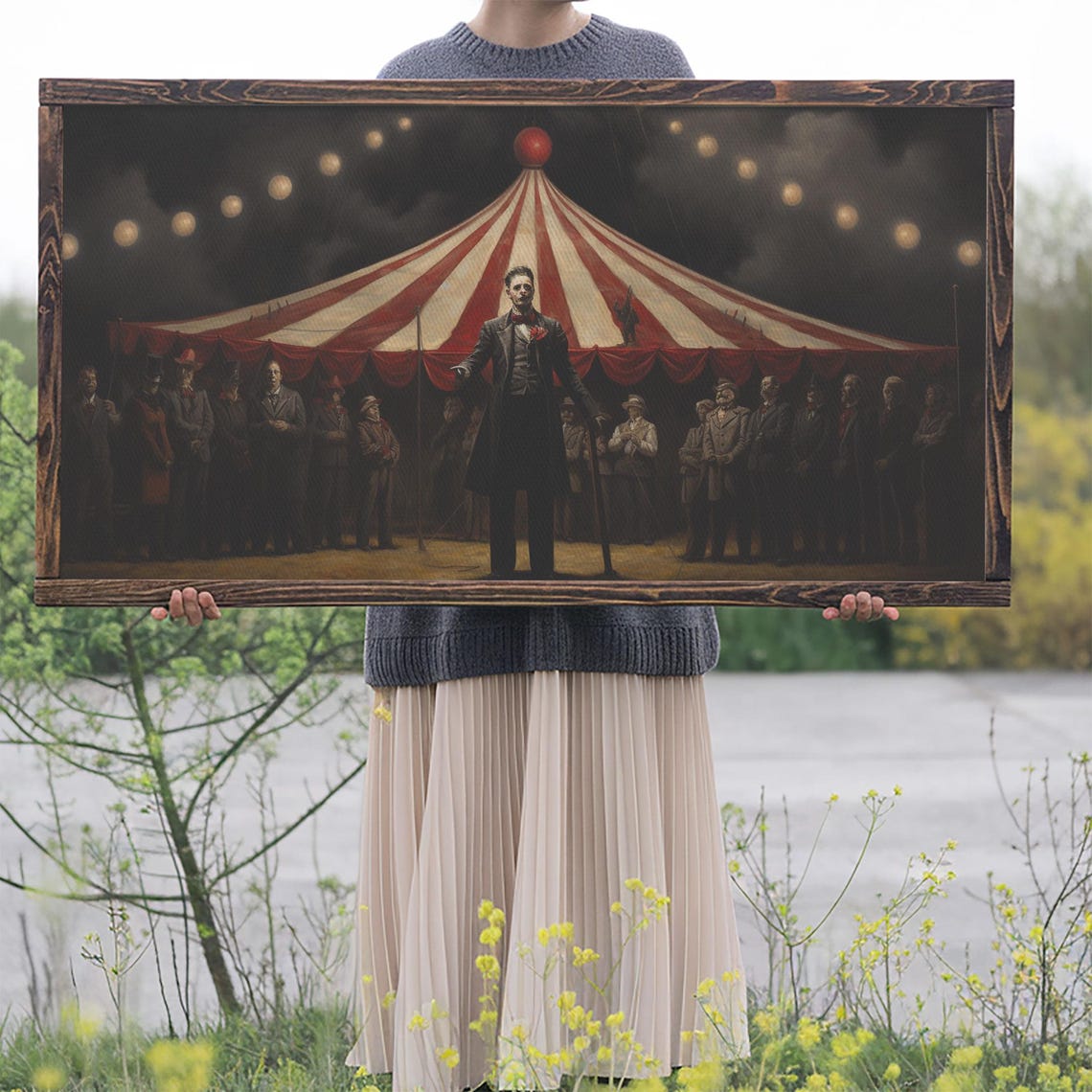 Creepy Ringmaster In Front Of Dark Circus Tent At Night Wall Art - Image 2