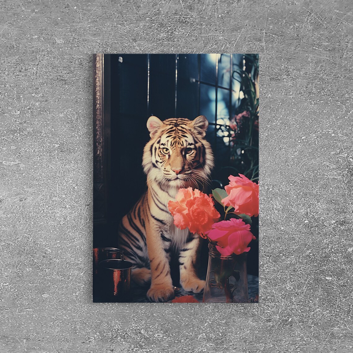Adorable Tiger Cub With Pink Roses Moody Floral Photography Poster